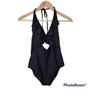 Aerie Black Ruffle Neck Halter One Piece Full Coverage Swim Bathing Suit Sz S